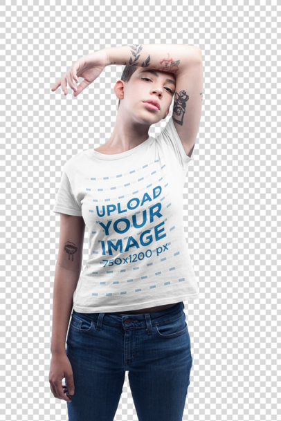 Transparent Tattooed Woman Wearing a Tshirt Template in a White Room
