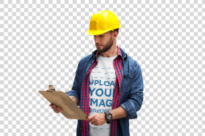 Transparent Supervisor Wearing a T-Shirt Mockup at the Warehouse