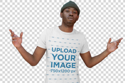 Transparent T-Shirt Mockup of a Serious-Faced Man with a Beanie Opening His Arms