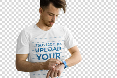 Transparent Activewear T-Shirt Mockup of a Man at a Gym Checking the Hour