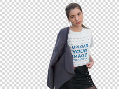Transparent Tee Mockup of a Woman Wearing a Coat over Her Shoulder