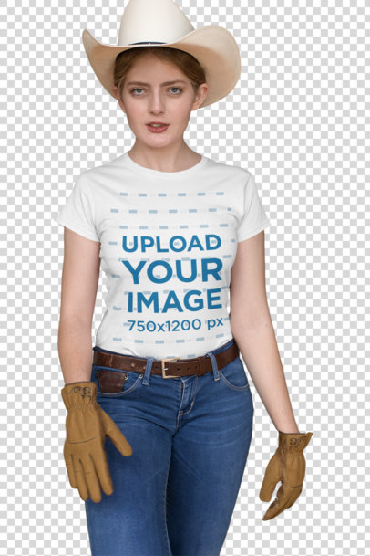 Transparent Mockup Featuring a Country Woman Wearing a T-Shirt in a Stable 