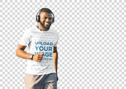 Transparent T-Shirt Mockup of a Happy Man Running While Listening to Music
