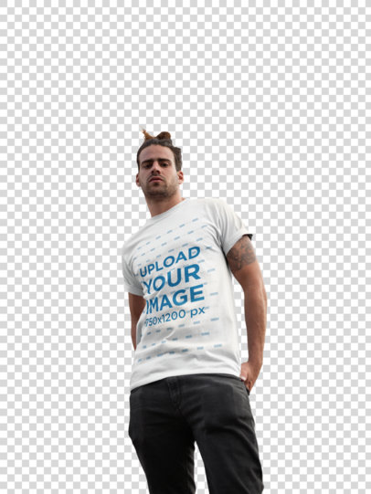 Transparent T-Shirt Mockup of a Man Looking Down at the Camera