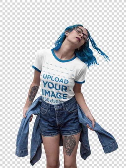 Transparent Woman Wearing a Round Neck Ringer Tee Mockup While Against a White Wall