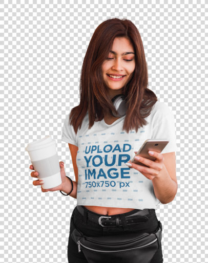 Transparent Crop Top Mockup Featuring a Young Happy Woman Checking Her Phone 