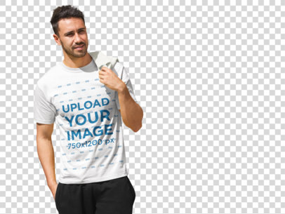 Transparent Young Man Standing Next to a Brick Wall T-Shirt Mockup