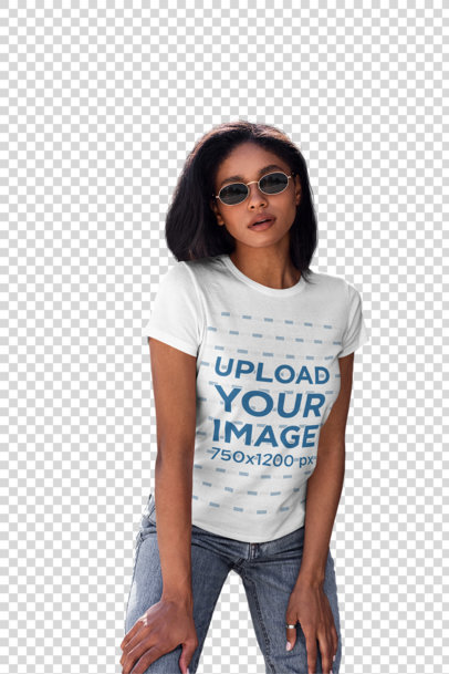 Transparent T-Shirt Mockup Featuring a Woman and Plants in the Background