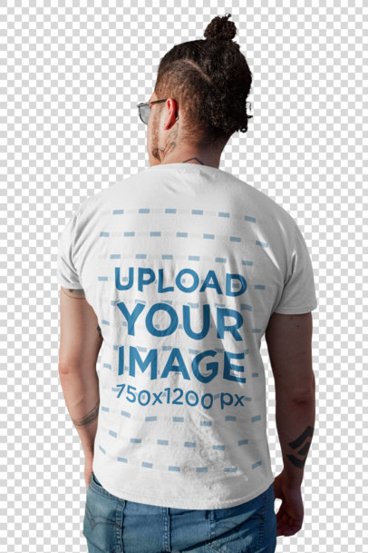 Transparent Back View T-Shirt Mockup Featuring a Man With a Head Bun Standing on the Street