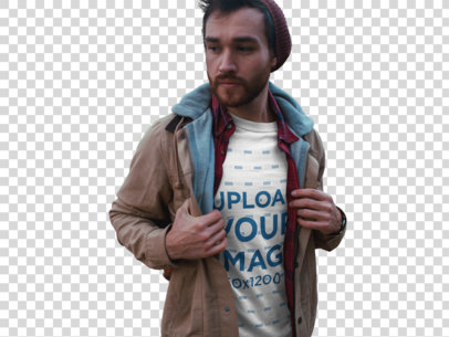 Transparent Sad Man Walking Outdoors Wearing a T-Shirt Mockup