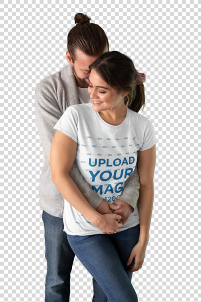 Transparent T-Shirt Mockup of a Woman Receiving a Back Hug From Her Boyfriend