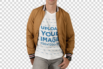 Transparent V-Neck T-Shirt Mockup of a Young Man Posing