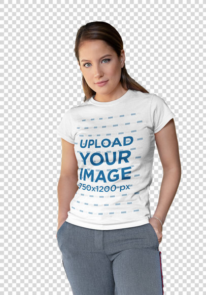 Transparent T-Shirt Mockup Featuring a Woman With her Hands on her Pockets