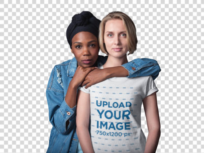 Transparent LGBT Mockup of a Woman Wearing a T-Shirt with Her Girlfriend