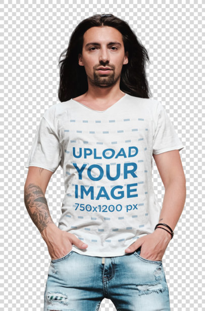 Transparent V-Neck T-Shirt Mockup Featuring a Serious Long-Haired Man 