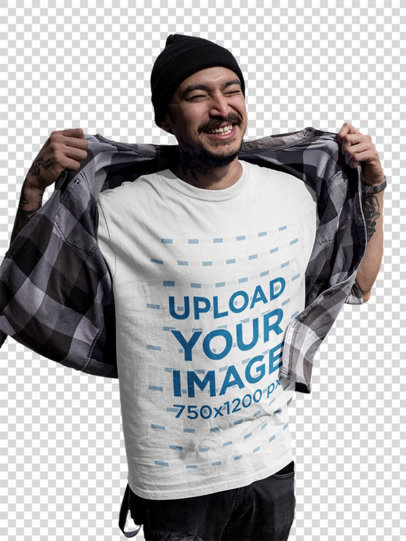 Transparent Round Neck T-Shirt Mockup Featuring a Smiling Tattooed Man