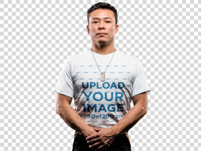 Transparent Mockup of a Man Wearing a T-Shirt and an Army Tag