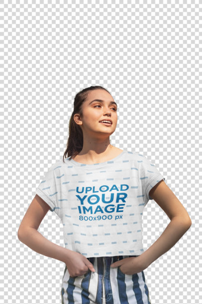 Transparent Mockup of a Woman Wearing a Crop Top and Striped Shorts