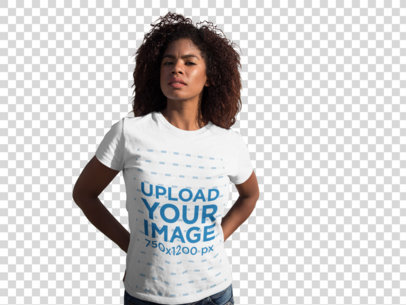 Transparent Round Neck Tee Mockup Featuring Young Woman with Afro Hair