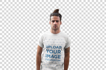 Transparent T-Shirt Mockup Featuring a Man with a Man-Bun Hairstyle and a Tattoo