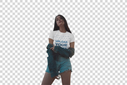 Transparent Camping T-Shirt Mockup Featuring a Pretty Woman Posing Outdoor in a Denim-On-Denim Outfit 