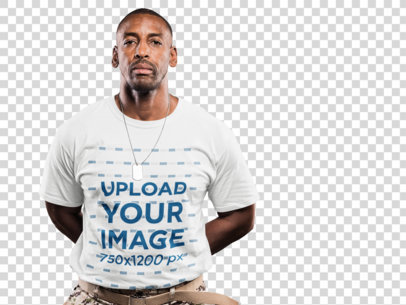 Transparent Veteran Wearing a T-Shirt Mockup Against a Picture of a Plane