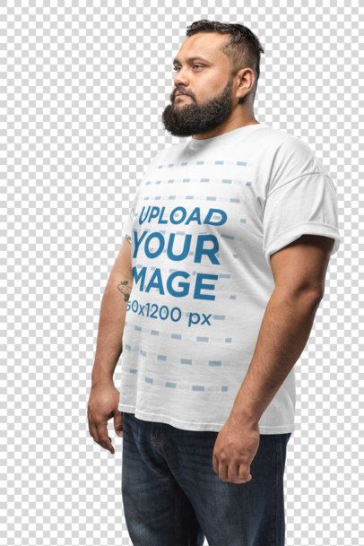 Transparent Angled Shot of a Plus Size T-Shirt Mockup Featuring a Man with a Beard