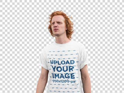 Transparent Mockup of a Man with Red Hair Wearing a Tee on a Street