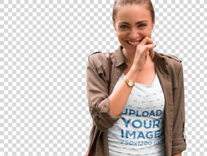 Transparent Scoop Neck T-Shirt Mockup of a Smiling Woman in the Street