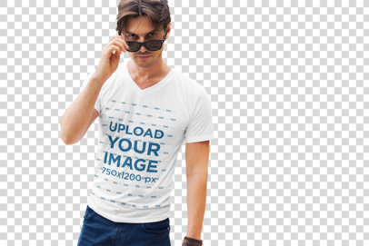 Transparent V-Neck T-Shirt Mockup Featuring a Man with Sunglasses Posing Against Some Palm Trees