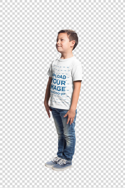 Transparent T-Shirt Mockup of an Asian Boy Standing in a Photo Studio