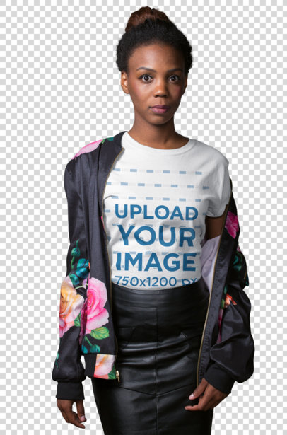 Transparent Portrait of a Black Woman Wearing a T-Shirt Mockup and a Printed Jacket