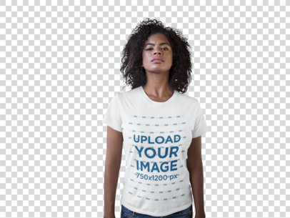 Transparent Young Woman with Defying Look Wearing a Round Neck Tee Mockup in the City