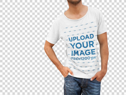 Transparent Round Neck T-Shirt Mockup of Man Leaning on Brick Wall