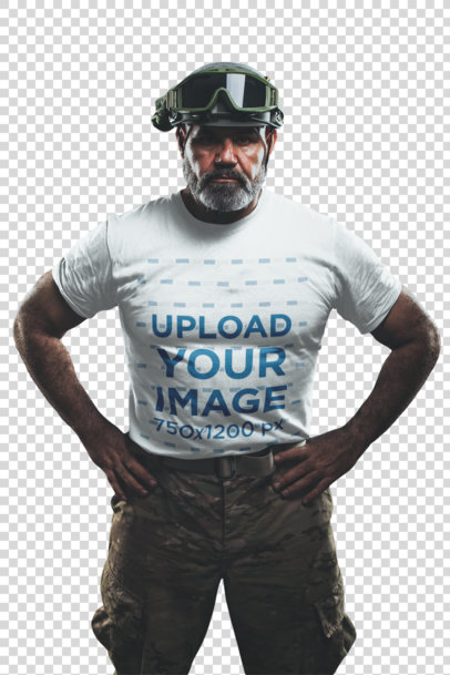 Transparent T-Shirt Mockup Featuring a Veteran Soldier Wearing Uniform