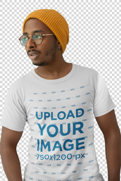 Transparent T Shirt Mockup of a Man with Trendy Glasses and a Winter Hat