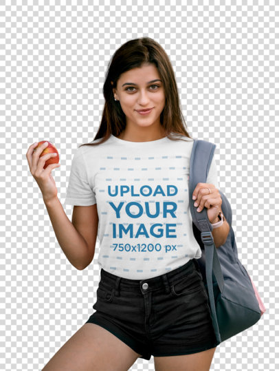 Transparent T-Shirt Mockup of a Young Woman Holding an Apple 