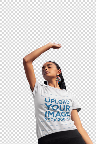 Transparent Tee Mockup of a Woman with Colorful Earrings Posing