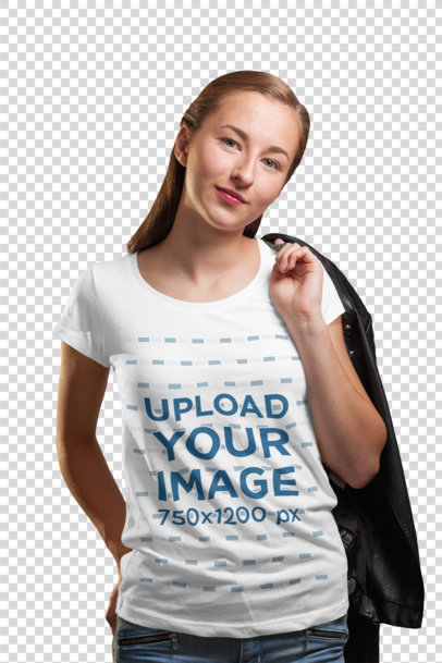 Transparent Round Neck Tee Mockup of a Woman Carrying a Garment on Her Shoulder