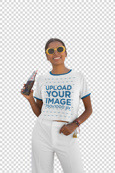 Transparent Crop Top Ringer Shirt Mockup Featuring a Trendy Woman Drinking a Soda 27274