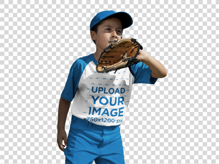 Transparent Raglan Tee Mockup Featuring a Boy with Baseball Uniform