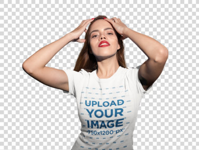 Transparent T-Shirt Mockup of a Woman Playing with her Hair Against a White Wall