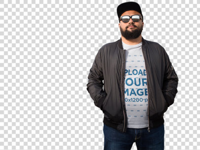Transparent Round Neck Tee Mockup of a Hispanic Man Wearing a Hat and Sunglasses