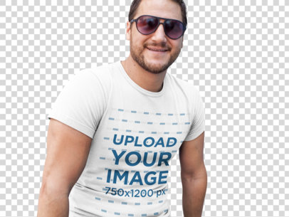 Transparent Smiling Middle Aged Man Wearing a T-Shirt Template While Against a Light Blue Wall