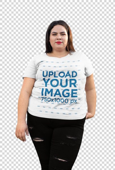 Transparent Plus Size Tee Mockup Featuring a Woman Posing in an Urban Stairway
