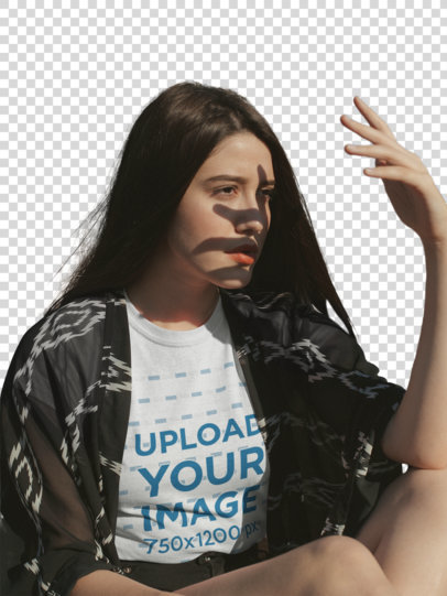 Transparent T-Shirt Mockup of a Woman Covering Her Face from the Sun