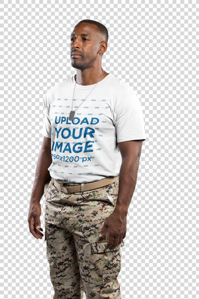 Round Neck Tee Mockup Featuring a Veteran with a Serious Look