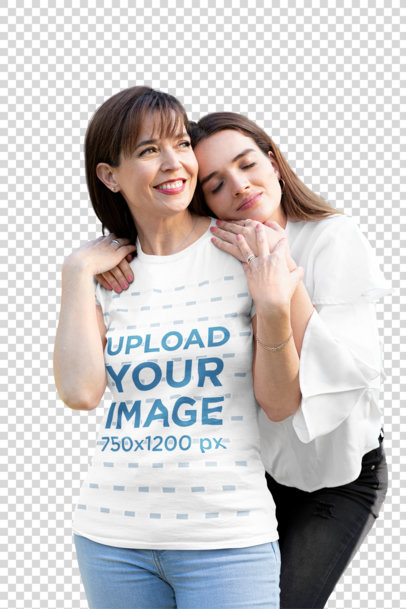 Transparent T-Shirt Mockup of a Woman Smiling While Her Daughter Hugs Her 