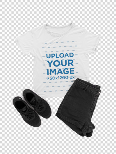 Transparent Flat Lay T-Shirt Mockup with Black Shorts and Shoes 