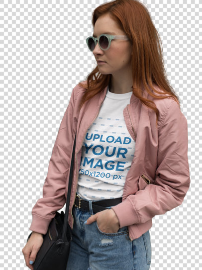 Transparent T-Shirt Mockup Featuring a Fashion Woman with Sunglasses